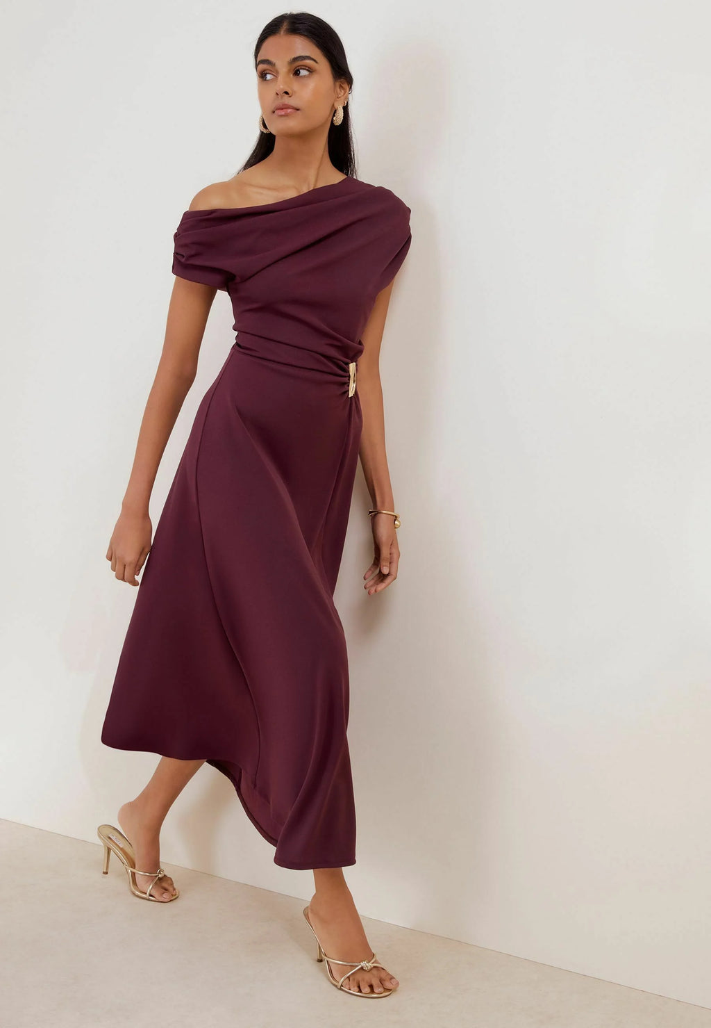 OFF THE SHOULDER HARDWARE DETAIL MIDI DRESS  - Jurk - aubergine purple